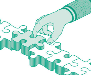 Line with Jigsaw Puzzle. Hand Holds Puzzle and Inserts it Inside. Finishing