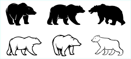 Black and white bear icons set