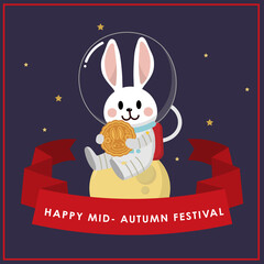 Happy mid autumn festival, Chuseok greeting card with cute rabbit and moon. Animal cartoon character vector.