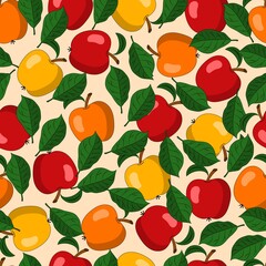 Seamless pattern with ripe red, orange, yellow apples and green leaves. Densely arrangement of elements. Vector illustration. Good for kitchen, home decoration.