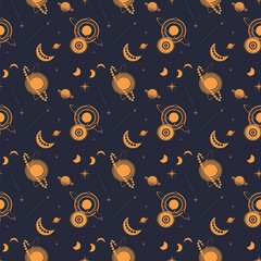 abstract seamless pattern with stars and planets on a dark background 