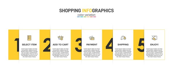 Concept of shopping process with 5 successive steps. Five colorful graphic elements. Timeline design for brochure, presentation, web site. Infographic design layout.