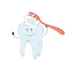 A cute tooth with a human smiling face and handles brushes himself with a toothbrush. Vector hand drawn illustration in cartoon style.