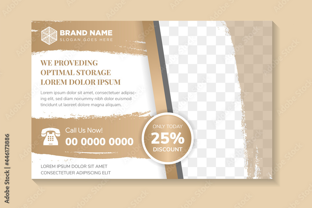 Poster horizontal flyer for optimal storage business with paint brush strokes background. graphic design te