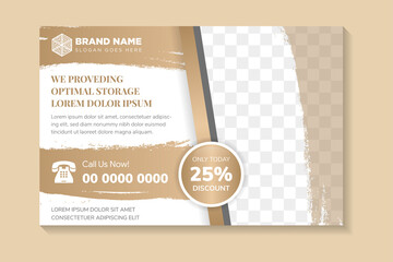 Horizontal flyer for optimal storage business with paint brush strokes background. Graphic design template for poster. Vector rectangular frame with painted ink brushstrokes element. Space for photo.