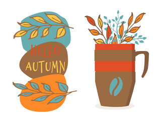 Thermo cup of coffee isolated on white background, hello autumn banner. Design for advertising, menus, coffee houses. Vector illustration cartoon , seasonal concept.