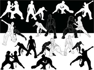 hand-to-hand fighters set on black and white background