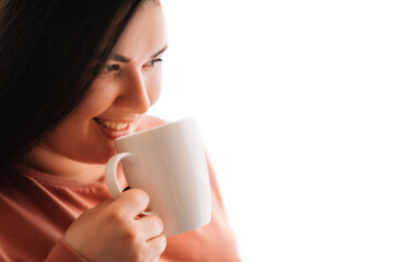 Morning coffee. Breakfast drink. Cozy leisure. Body positive. Portrait of satisfied smiling obese...