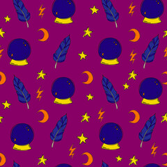 Fototapeta na wymiar Cute burgundy vintage pattern with doodles lightning, glass ball, stars, moon, halloween, magic. Seamless background. Textiles for children. Minimalism paper scrapbook for kids.