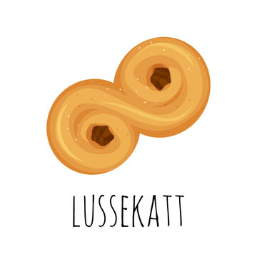 Traditional swedish buns. A saffron bun, in Swedish lussebulle or lussekatt. Vector illustration in the cartoon style.
