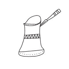 Hand drawn doodle vector illustration of traditional Turkish coffee pot for brewing hot coffee. Isolated on white background.