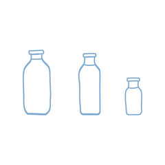 Hand drawn doodle line vector illustration set of milk, kefir in different glass bottles. Isolated on white background.