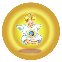 Engel Kind barfuß Beschützer Lichtarbeiter Liebe schwebt Meditation hält neue Erde in Hand lächelt Lächeln Freude Erdkugel strahlt gold Frieden Aufstieg Kreis gelb