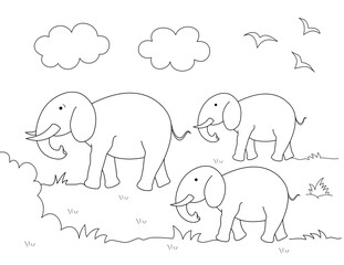elephant family walking, coloring page for kids. you can print it on standard 8.5x11 inch paper