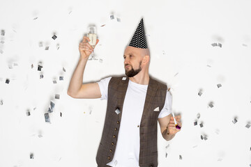 Birthday man. Drunk party. Holiday fun. Enjoying celebration. Silly skeptic guy looking glass of...