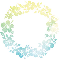 アナログ水彩画水彩タッチのハイビスカスのリース　背景オーナメント　バックグラウンドHibiscus and leaf wreath