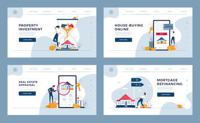 Real estate concepts set for landing, homepage. Property investment, appraisal, house-buying, mortgage refinancing. Real estate collection of web page templates for web design.Flat vector illustration