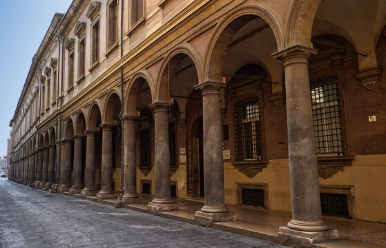The arcades of Via Zamboni, University Area, in old Bologna city center. Italy