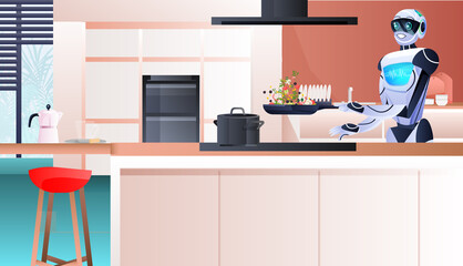 modern robot preparing healthy vegetables salad at kitchen artificial intelligence technology concept