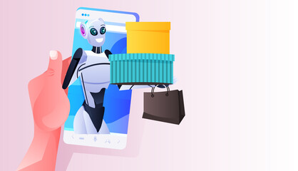 modern robot holding colorful purchases shopping bags on smartphone screen artificial intelligence technology concept