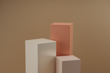 3d rendering of geometric cube shape podium on pastel beige background. Pedestal for product presentation, 3d illustration