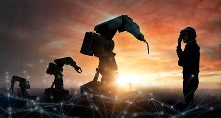 Silhouette engineer control auto robot in industry 4.0 manufacturing with smart connect communication technology including 5g, blockchain, artificial intelligent(AI, big data, IOT. Warm background.