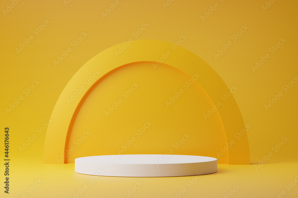 Poster 3d render of light circle podium and arch on yellow background. abstract background with round pedes
