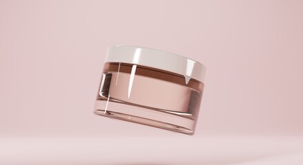 Glass clear cosmetics jar for cream mock up banner. Cosmetic beauty product package, luxury makeup container with white cap, empty bottle design isolated on beige background. Realistic 3d illustration