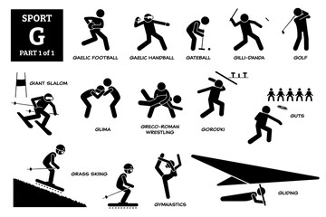 Fototapeta na wymiar Sport games alphabet G vector icons pictogram. Gaelic football, handball, gateball, gillidanda, golf, giant slalom, glima, greco-roman wrestling, gorodki, guts, grass skiing, gymnastics, and gliding.