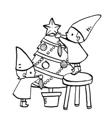 クリスマスツリーの飾り付けをする小人のイラスト線画
