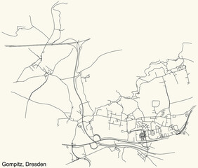 Black simple detailed street roads map on vintage beige background of the quarter Gompitz locality of Dresden, Germany