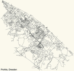 Black simple detailed street roads map on vintage beige background of the quarter Prohlis district of Dresden, Germany