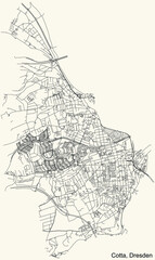 Fototapeta premium Black simple detailed street roads map on vintage beige background of the quarter Cotta district of Dresden, Germany