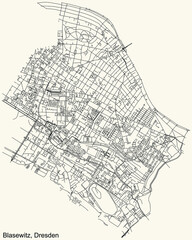 Black simple detailed street roads map on vintage beige background of the quarter Blasewitz district of Dresden, Germany