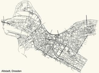 Black simple detailed street roads map on vintage beige background of the quarter Altstadt district of Dresden, Germany