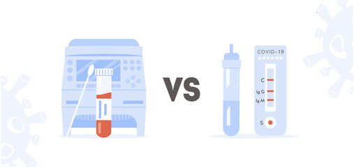 Concept of Covid RT PCR versus Rapid Test. Comparison between Polymerase Chain Reaction and Express Test. Thermocycler for Coronavirus test and Coronavirus testing kit. Vector flat style illustration. © millering