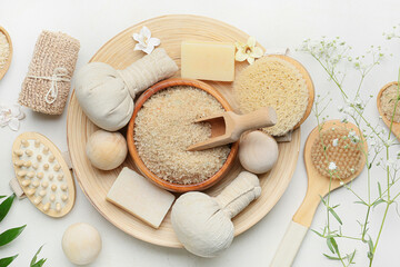 Composition with bath supplies on light background