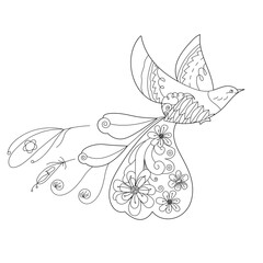 Tropical fancy bird. Black and white picture. Contour linear illustration for coloring book with paradise bird. Line art design for adult or kids  in zentangle style and coloring page.