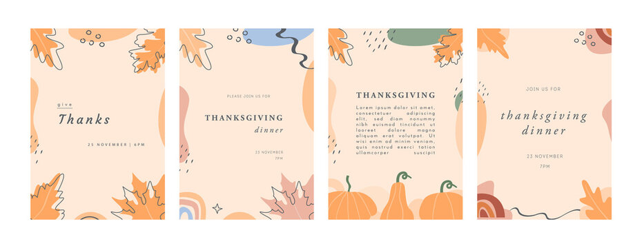 Set of Trendy Abstract Thanksgiving templates. Invitation Cards with leaves, pumpkins, geometric shapes and strokes. Modern vertical banner or background with copy space for text. Vector illustration.