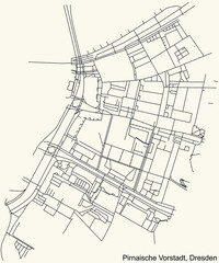 Black simple detailed street roads map on vintage beige background of the neighbourhood Pirnaische Vorstadt quarter of Dresden, Germany