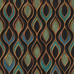 Acrylic prints 3D Seamless texture with carving waves pattern, bronze and copper color, panel, 3D illustration
