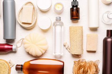 Set of bath supplies on light background