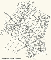 Fototapeta na wymiar Black simple detailed street roads map on vintage beige background of the neighbourhood Südvorstadt-West quarter of Dresden, Germany