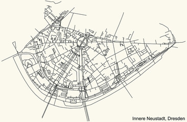 Black simple detailed street roads map on vintage beige background of the neighbourhood Innere Neustadt quarter of Dresden, Germany