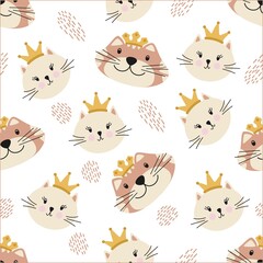  Pattern with cute cat in crown. Cat queen and cat king. Hand drawn flat cartoon elements. Vector illustration.