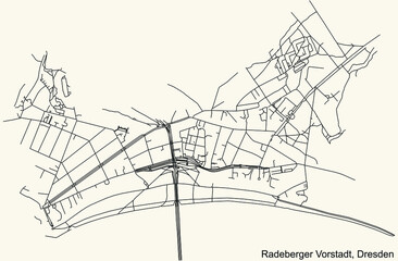 Black simple detailed street roads map on vintage beige background of the neighbourhood Radeberger Vorstadt quarter of Dresden, Germany