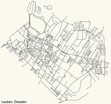 Black simple detailed street roads map on vintage beige background of the neighbourhood Leuben mit Dobritz-S&uuml;d und Niedersedlitz-Nord quarter of Dresden, Germany
