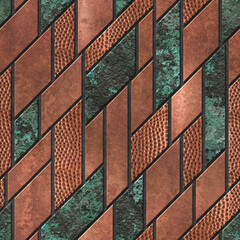 Fototapety  Metallic seamless texture with carving square pattern, bronze and copper color, panel, 3D illustration