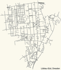 Black simple detailed street roads map on vintage beige background of the neighbourhood Löbtau-Süd quarter of Dresden, Germany