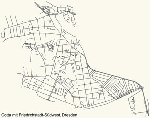 Black simple detailed street roads map on vintage beige background of the neighbourhood Cotta mit Friedrichstadt-Südwest quarter of Dresden, Germany
